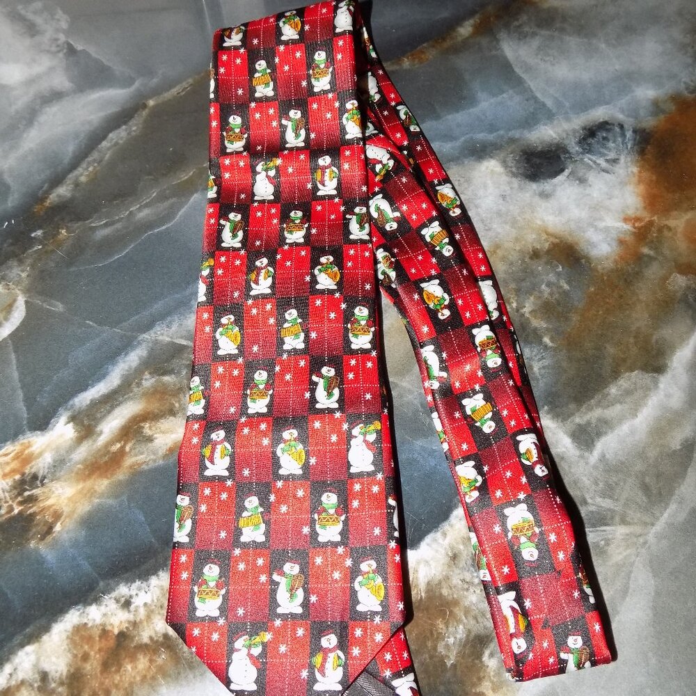 Tie Tales Snowman & Snowflake Checkered Print Red Tie NEW